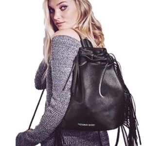 Victoria's Secret Fashion Show Fringe Faux Leather Tassel boho Backpack in Black